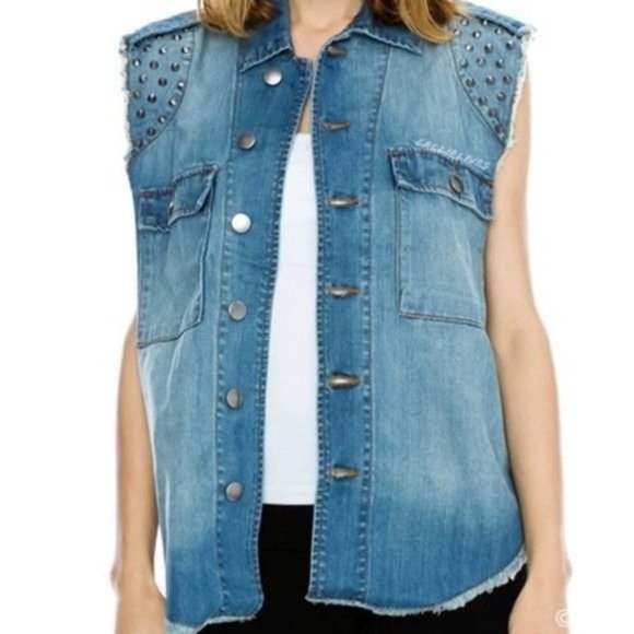 Callie Christian Cross Stud Denim Jean Jacket Vest - Picture 6 of 7